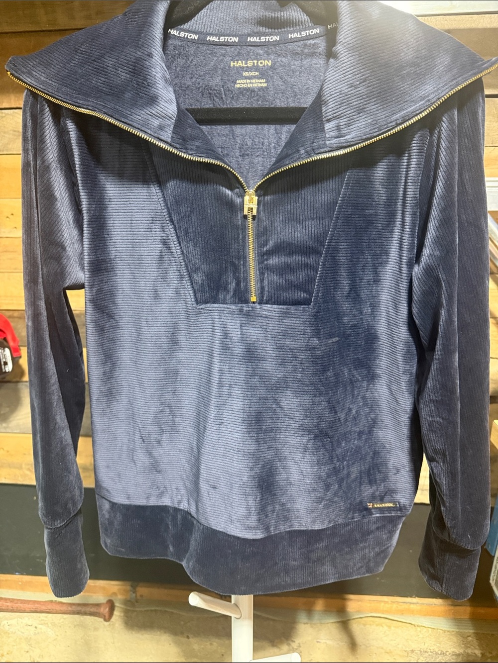 Halston Heritage Navy Velvet Half-Zip Velour Pullover with Gold Zipper XS